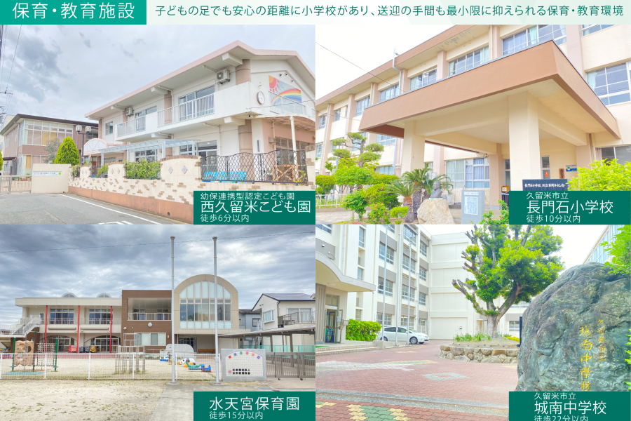 長門石小学校まで徒歩10分以内という距離が魅力。学校でのイベントやクラブ活動などで、送迎が必要になっても行ってすぐ帰ってくることができます。子どもが小さいときもこども園が徒歩6分以内の場所かつ、月〜土は延長保育で19時まで預かってもらえるので仕事帰りが遅くなっても安心。（2025年度）